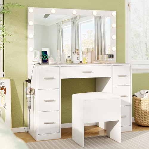 CHARMAID Vanity Desk with Large Mirror and Lights, White Makeup Vanity Table with Charging Station, 7 Drawers, Cushioned Storage Stool, 3 Lighting Modes, Modern Dressing Table for Bedroom - color: White, size: 43.5"W (With Stool)