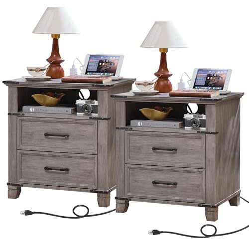 22" Farmhouse Nightstand Set of 2 with Charging Station,End Table with 2 Drawers,Rustic Wood Dresser for Bedroom,Bed Side Table Chest of Drawers Cabinet,Night Stand for Living Room,Grey - color: Grey