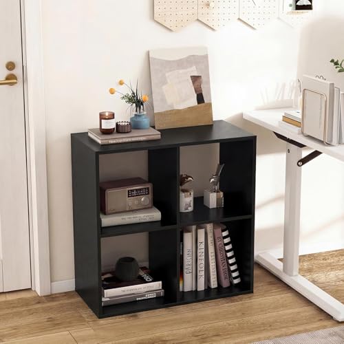 POWERSTONE 4 Cube Storage Organizer, 2 Tier Cubby Bookshelf, Black | Freestanding Bookcase w/Back Guardrail, Open Back Display Rack for Living Room, Bedroom, Study - color: Black, size: 4 Cubes
