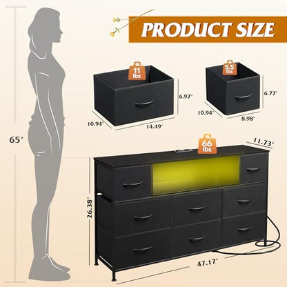 WLIVE Black Dresser TV Stand for 45, 50, 55 inch TV, Entertainment Center with LED Lights & Charging Station, Chest of Drawers with 8 Fabric Drawers and Open Shelves for Living Room, Hallway, Wood Top - color: Black