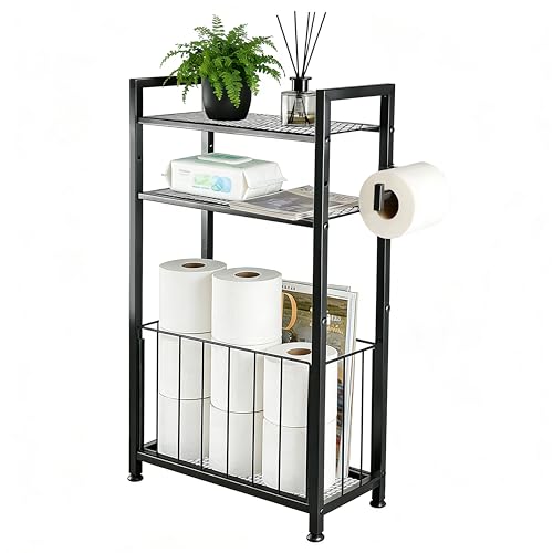 Free Standing Toilet Paper Holder with Shelf, Adjustable Feet Bathroom Toilet Paper Holder Stand for Narrow Space, Roll Dispenser Tissue Holder, Holds Multiple Rolls and Keeps Paper Dry and Clean - color: Black