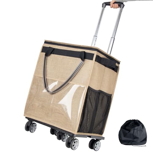 Reusable Grocery Bags on Wheels, Rolling Tote, Portable Shopping Cart for Groceries with Wheels and Drawstring Bag, Trolley, 54L, Foldable, Khaki - color: Khaki Sackcloth