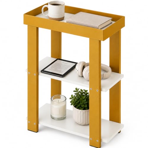 Modern 3-Tier Gold Side Table, Narrow End Table with White Tray Top Shelves, Slim Nightstand Bedside Table for Small Spaces, Living Room, Bedroom, Bathroom Storage Organizer Stand (White+Gold) - color: White + Gold
