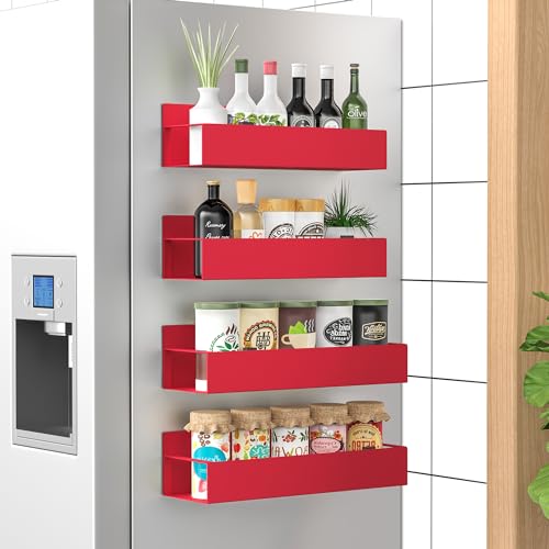 4 Pack Magnetic Spice Storage Rack Organizer for Refrigerator and Oven, Red Fridge Organizers and Storage | Magnetic Shelves Heavy Duty for Fridge in Kitchen, Seasoning Storage Organizer, For Oven Washer and Dryer, For Heavier Items - color: Red, size: 4