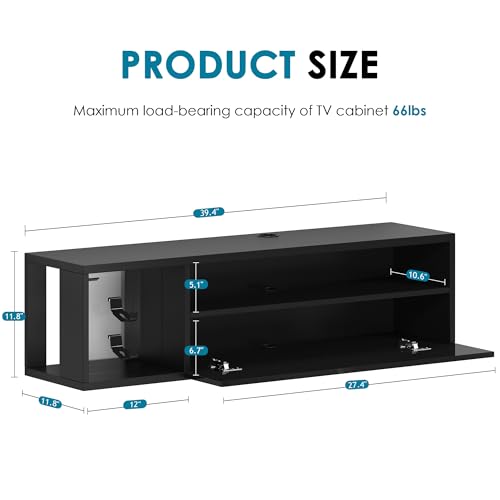 sogesfurniture 39.3'' TV Stand, Floating Entertainment Center with Lights, Modern Media Console with Storage, Wall Mounted LED TV Stand for Living Room, Black - size: 39.3"-Black