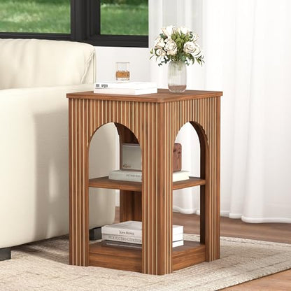 weselon End Table Set of 2, Mid-Century Modern Side Table with 3-Tier Storage Shelves and Arched Carving Lines, Square Fluted Nightstand for Living Room, Bedroom, or Office (2, Walnut) - color: Walnut