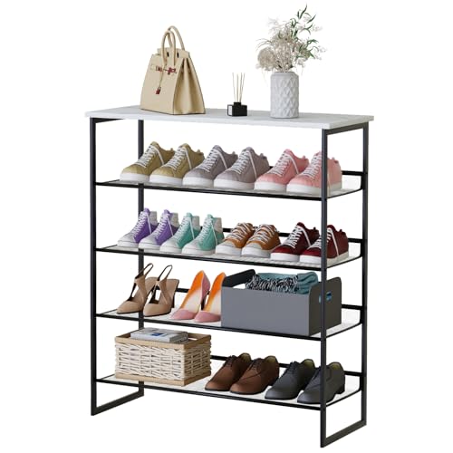 Garden 4 you Shoe Rack for Entryway 5 Tiers 11.8" D x 29" W x 36.5" H, Metal Shoe Rocks with White Wooden Tabletop, Angled Shoes Rack with Adjustable Mesh Shelves for Entryway Hallway Closet - color: Marble White, size: 5-Tiers