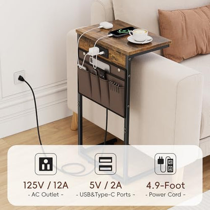 C Shaped End Table with Charging Station, 28" Tall Couch Side Table, Sofa Table Beside Table, Slide Under Sofa Arm C Table for Small Spaces, TV Tray Table for Living Room, Bedroom, Brown - color: Rustic Brown