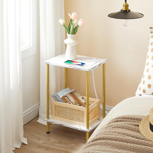 HOOBRO Side Table with Charging Station, Set of 2 End Tables with USB Port and Outlet, Nightstand with 2-Layer Storage Shelves for Small Spaces, Living Room, Bedroom, Gold and Marble DM09UBZP201 - color: Marble + Gold