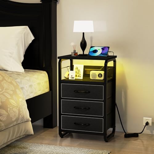 runjuly Bedside Table with 3 Fabric Drawers, LED Nightstand with Hooks, Metal Night Stand, Small End Table with Charging Station and Storage, Night Table for Bedroom, Modern Black - color: Black, style: 3 Drawers
