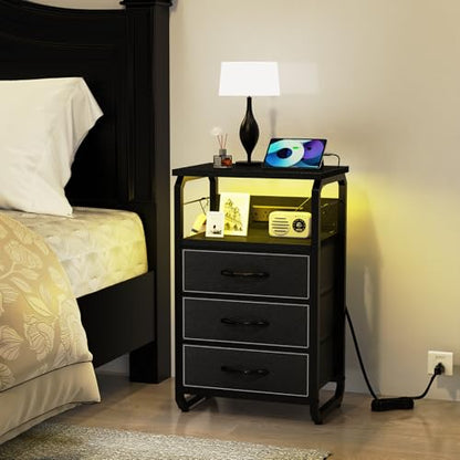 runjuly Bedside Table with 3 Fabric Drawers, LED Nightstand with Hooks, Metal Night Stand, Small End Table with Charging Station and Storage, Night Table for Bedroom, Modern Black - color: Black, style: 3 Drawers