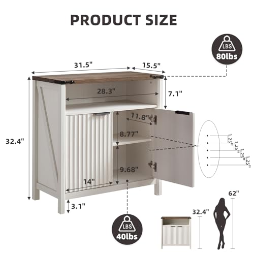 BuildHom 32 Inch Fluted Sideboard Buffet Cabinet with Storage Antique White | Coffee Bar Cabinet with Open Shelf and 5-Level Adjustable Shelves, Farmhouse Storage Cabinet for Kitchen and Dining Room - color: Antique White