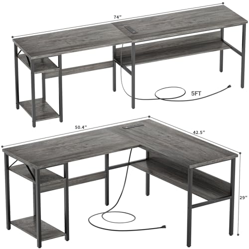 Reversible L Shaped Gaming Desk with Power Outlets and USB Charging Ports, Sturdy Computer Desk with Storage Shelf, Modern Corner Desk Home Office Table, Easy to Assemble, Gray Oak