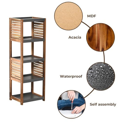 Brown-Gray Small Open-Shelf Storage Unit, 4-Tier, Vented, Freestanding | Space-Saving, Vented Design, MDF/Acacia Material, Compact Freestanding Unit, 4-Tier Open Shelves, Bathroom