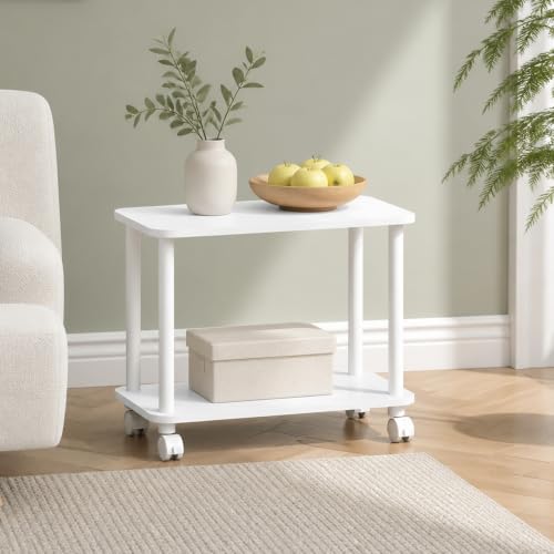 2-Tier Rectangle Sofa End Table with Wheels, Toolless Assembly Bedside Table, Round Corner Night Stand, Side Table with Open Shelf, for Bedroom, Living Room, White - color: White/White, size: 2 Tier, Rectangle
