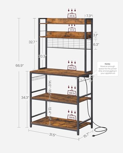 VASAGLE Bakers Rack with Power Outlet, Microwave Stand, Kitchen Tall Utility Storage Shelf, with Metal Wire Panel, 14 Hooks, 15.7 x 31.5 x 66.9 Inches, Rustic Brown and Ink Black UKKS025B01 - color: Rustic Brown + Ink Black, size: 31.5"W