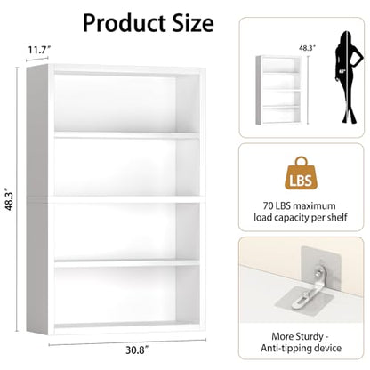 furtble 4 Tier Bookshelf with Open Storage Shelf, 48" Tall Wooden Bookcase, Sturdy Modern Display Storage Shelf for Living Room, Home Office, Study, White - size: 4-Tier-30.7W