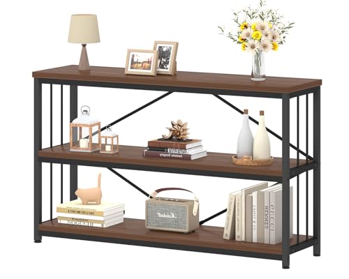 IBF Industrial Bookshelf, Wood and Metal Horizontal Shelves Walnut 47 Inch | 3-tier Rustic Low Wide Bookcase with Large Open Storage, Farmhouse Simple Display Shelf for Home Office Living Room Kitchen - color: Walnut, size: 47 Inch