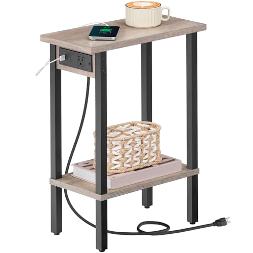 HOOBRO Narrow Side Table, 2-Tier Slim End Table with Charging Station, Skinny Nightstand with Open Storage, for Small Spaces, Living Room, Bedroom, Study, Greige and Black BG240UBZ01 - color: Greige + Black, size: 7.9"L x 15.7"W x 22.6"H
