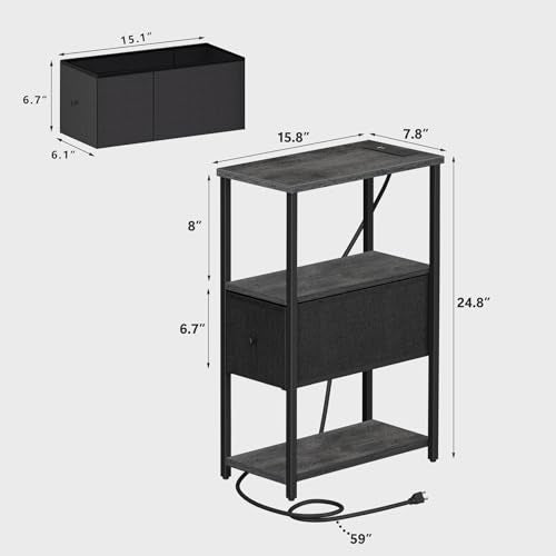 TUTOTAK Small Narrow End Table with Charging Station, Set of 2, Side Table with Outlets, Nightstand with Cloth Drawer, Couch Table, for Living Room, Bedroom, Bedside, Charcoal Grey TB01BY058 - color: Charcoal Grey, style: 1 Drawer & Plug