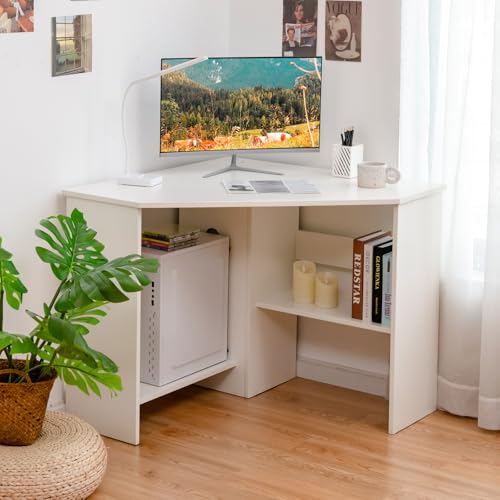 Tangkula White Corner Desk - 90 Degrees Triangle for Computer, Small Space, Bedroom, Makeup Vanity Desk with Storage Shelves & CPU Stand, Space Saving Writing Desk - color: White