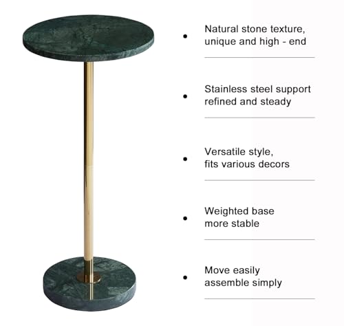 Premium Small Round Natural Marble Stone Pedestal Side Table, End Table, Mini Drink Table with Upgraded Weighted Marble Base, for Livingroom, Bedroom, Bathroom, Balcony, Small Spaces (Emerald Green)