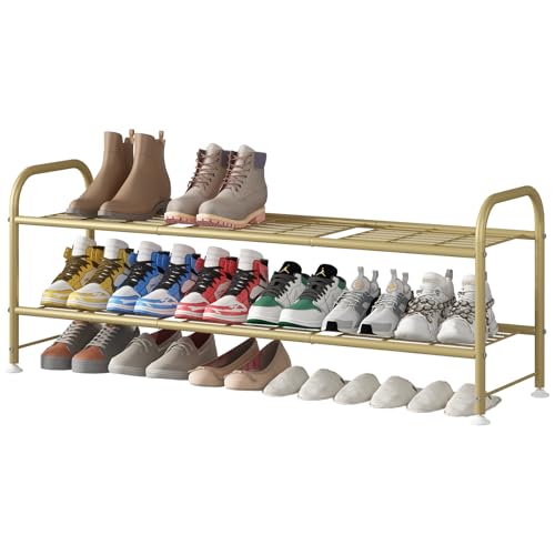 LINZINAR 2 Tier Long Shoe Rack for Closet Metal Shoe Organizer for Entryway | Spacious design stores 15+ pairs of shoes,durable metal frame,space-saving organizer for closet, hallway, and Entryway Gold - color: Gold, size: 2-Tier