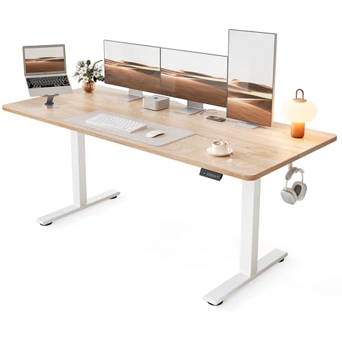 Cubiker Standing Desk, 63x28 Inches Sit Stand Home Office Desk, Electric Stand up Desk, Adjustable Desk with Splice Board, White Frame/Maple Top - color: Maple, size: 63x28