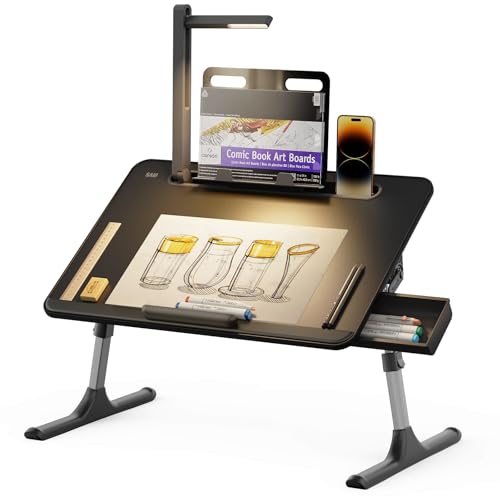 Laptop Table with LED Desk Light, SAIJI Laptop Stand for Bed, Height Adjustments Bed Desk with Book Stand for Reading Writing Drawing (Black) - color: Bed Desk /Led Light