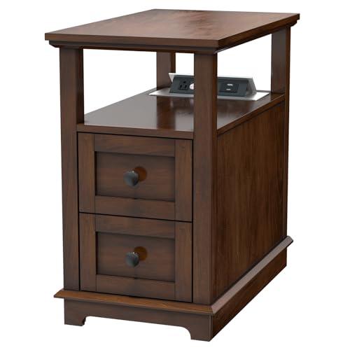 HIFYOBRO 2 Drawers End Table with Flip Top Charging Station, Type-C & USB Port & Power outlets, Wooden Storage Cabinet, Side Table with Storage for Living Room and Bedroom - color: Glossy Cherry, size: 1 Piece