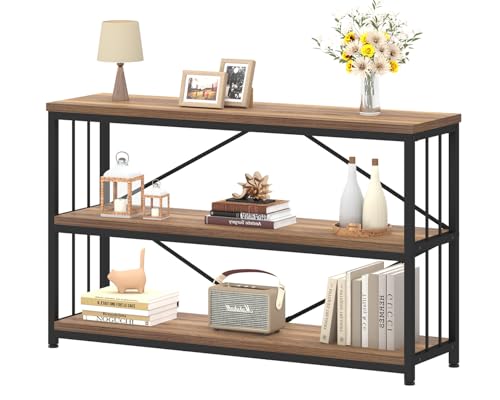 IBF 3 Tier Bookshelf, Industrial Wide Horizontal Bookcase Rustic Oak 47 in | Farmhouse Low Wood Metal Short Book Shelf Storage for Office, Modern Vintage Etagere Bookshelf Bookcase in Living Room - color: Rustic Oak, size: 47 Inch