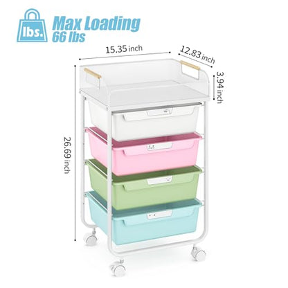SYKIARIOL 4-Drawer Rolling Storage Cart with Mesh Top, Utility Craft Organizer Cart on Wheels with DIY Labels, Rolling Drawer Cart for Home Office Classroom Bedroom, Colourful - color: Rainbow