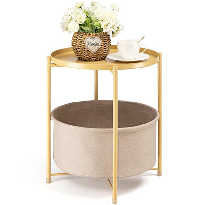 danpinera Side Table with Storage Basket, Small Round Table for Living Room | Metal Bedside Stand with Removable Serving Tray, Modern Nightstand for Small Space, Living Room, Bedroom, Nursery, Yellow - color: Pale Yellow