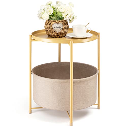 danpinera Side Table with Storage Basket, Small Round Table for Living Room | Metal Bedside Stand with Removable Serving Tray, Modern Nightstand for Small Space, Living Room, Bedroom, Nursery, Yellow - color: Pale Yellow