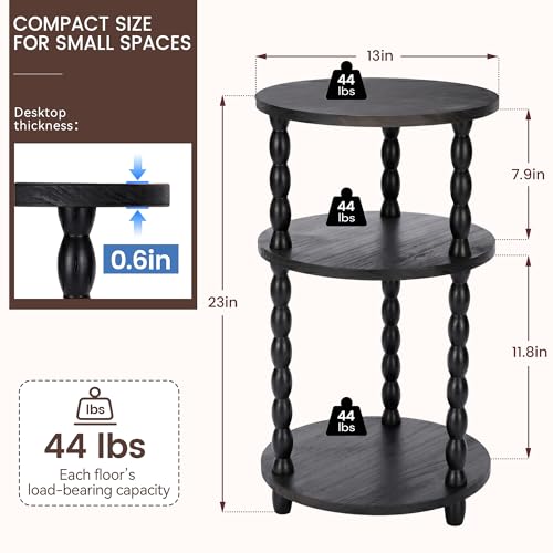 Small Round Side Table, 3-Tier Solid Wood End Table with Storage Shelf, Modern Bedside Tables Night Stand for Living Room, Bedroom, College Dorm, Small Space (Black) - color: Black