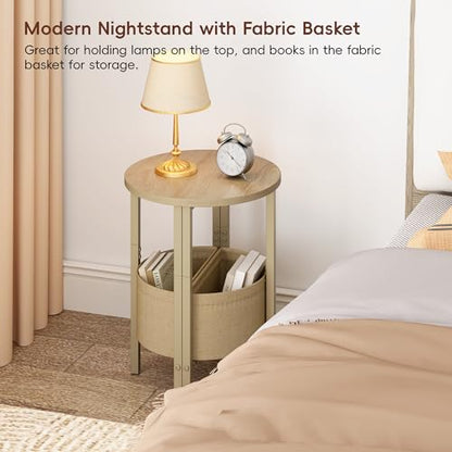 Vagusicc Small Round Side Table End Table, Tall Accent Table with Storage Basket, Set of 2 Half Round Tables Half Moon Tables, Coffee Bedside Tables, Modern Nightstand for Living Room Bedroom,Natural - color: Natural Walnut