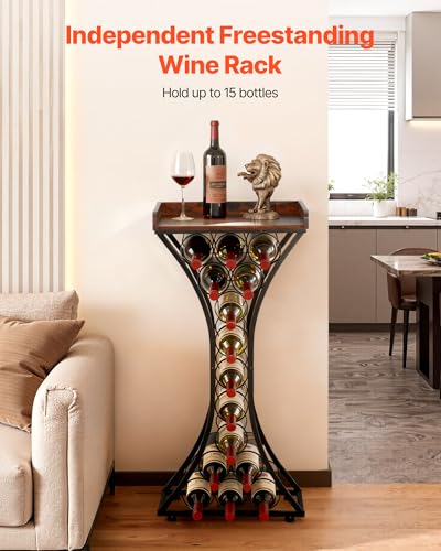 VEVOR 15 Bottle Wine Rack,Iron Freestanding Floor Wine Holder, Mini Bar Stand Liquor Cabinet with Wood Tabletop, for Home Bar,Kitchen,Living Room,Dining Room,16.9''L X 11.4''W X 35.2''H - size: 15 Bottles