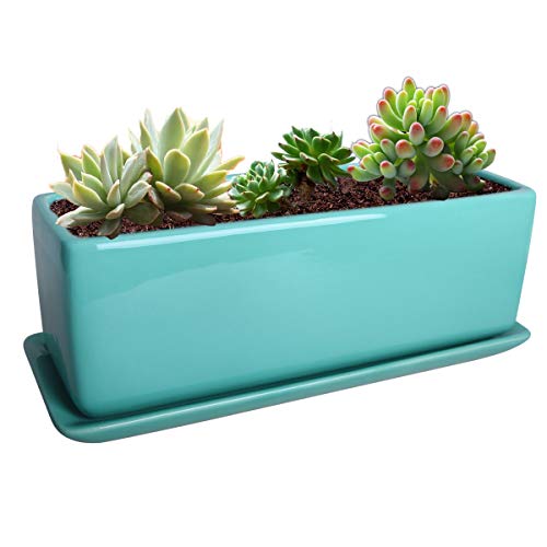 Vencer 12 Inch Rectangular Modern Minimalist Ceramic Succulent Planter Pot - Window Box with Saucer,Office Desktop Potted Stand,Turquoise,VF-0135T - color: Turquoise, size: 12 Inch