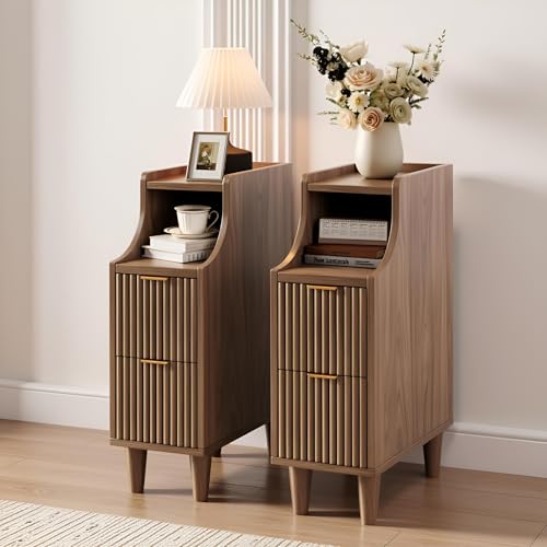 7.9" Narrow Fluted Nightstand Set of 2,Slim Side End Table with 2 Drawers,Black Modern Bedside Table,Skinny Night Stand for Small/Compact Space, Motorhome (Walnut) - color: Walnut