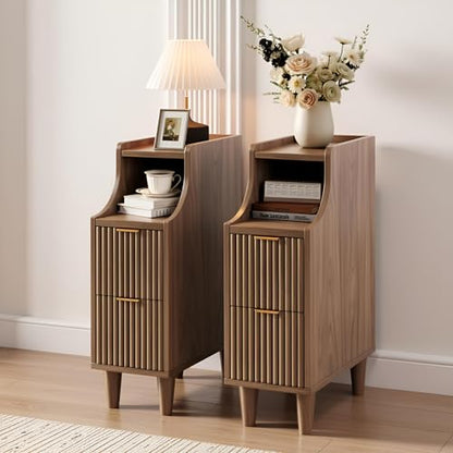 7.9" Narrow Fluted Nightstand Set of 2,Slim Side End Table with 2 Drawers,Black Modern Bedside Table,Skinny Night Stand for Small/Compact Space, Motorhome (Walnut) - color: Walnut