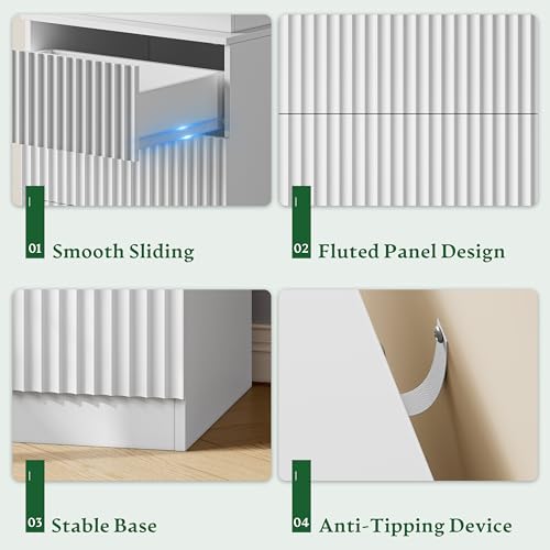 Xixini Nightstand with Charging Station and RGB LED Lights, Fluted 3-Drawer Bedside Table with Sliding Top, Wooden End Table for Bedroom, Living Room, White - color: White