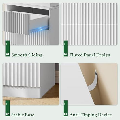 Xixini Nightstand with Charging Station and RGB LED Lights, Fluted 3-Drawer Bedside Table with Sliding Top, Wooden End Table for Bedroom, Living Room, White - color: White