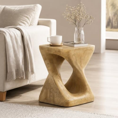 Twisted Solid Wood Accent Table, Hand-Carved Sculptural End Table, 12x12x16 inch Rustic Wooden Stool, Modern Geometric Side Table for Living Room Bedroom, Natural Wood Nightstand Plant Stand - color: Style A-natural
