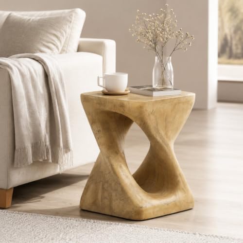 Twisted Solid Wood Accent Table, Hand-Carved Sculptural End Table, 12x12x16 inch Rustic Wooden Stool, Modern Geometric Side Table for Living Room Bedroom, Natural Wood Nightstand Plant Stand - color: Style A-natural