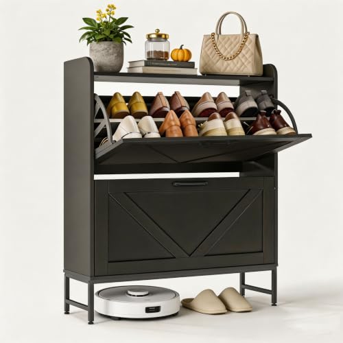 Shoe Cabinet with 2 Flip,Shoe Cabinet Storage,Shoe Organizer Cabinet,Black | Hidden Wood Shoe Cabinet,reestanding Shoe Rack Cabinet for Entryway Hallway - color: Black