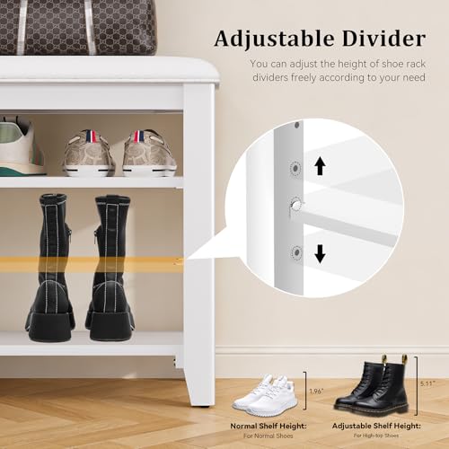 Shoe Bench with 3 Tier Adjustable Shelves Rubberwood Entryway 31.5'' - color: White, size: 31.5''