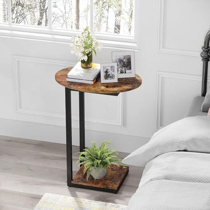 Hosfais Small Side Table Set of 2, C-Shaped Wood Sofa End Table with Metal Frame for Living Room, Bedroom, Small Spaces (Rustic Brown) - color: Rustic Brown, size: Oval 2 Pcs