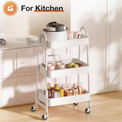 3-Tier Metal Rolling Utility Cart, Small Rolling Cart Kitchen Trolley Bathroom Laundry Room Bar Office Shelves Storage Organizer Shelving Unit with Caster Wheels for Narrow Places, White - color: White