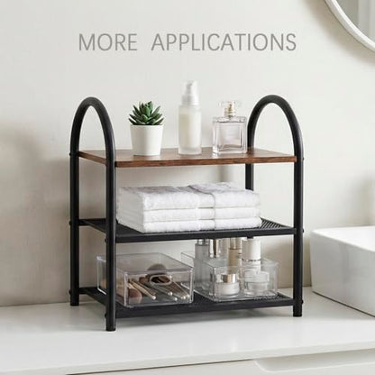 3-Tier Shoe Rack, Rustic Wood Look Shoe Organizer with Metal Frame and Mesh Shelves, Space-Saving for Entryway, Hallway, Bedroom (17.32" L x 10.24" W x 17.13" H) - size: 17.32" X 10.24" X 17.13"