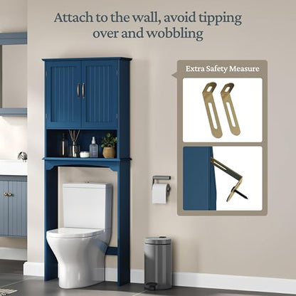 Yaheetech Over The Toilet Storage with 2 Doors & Adjustable Shelf, Free Standing Toilet Rack Wooden Space-Saving Collect Cabinet, Bathroom Furniture, L24.5xW9xH66 in, Navy Blue - color: Navy Blue